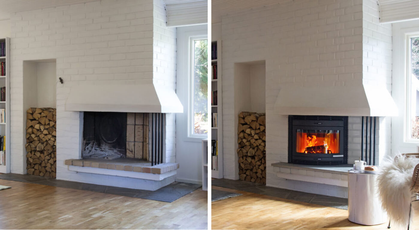 Före-/efterbilder på öppen eldstad med insatt spiskassett Jøtul C 400 Panorama