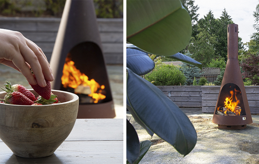 Jøtul Frøya utomhuskamin i cortenstål i trädgården