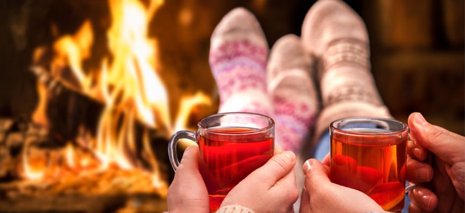 Mysig framför öppen spis. Foto.